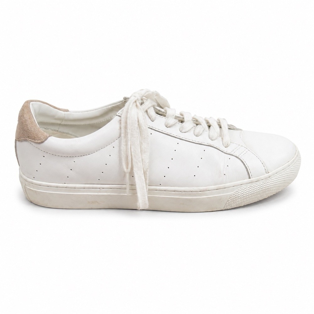 J.Crew Preppy Classic White Leather Low Top Sneakers Tan Suede Heel Tab Lace Up